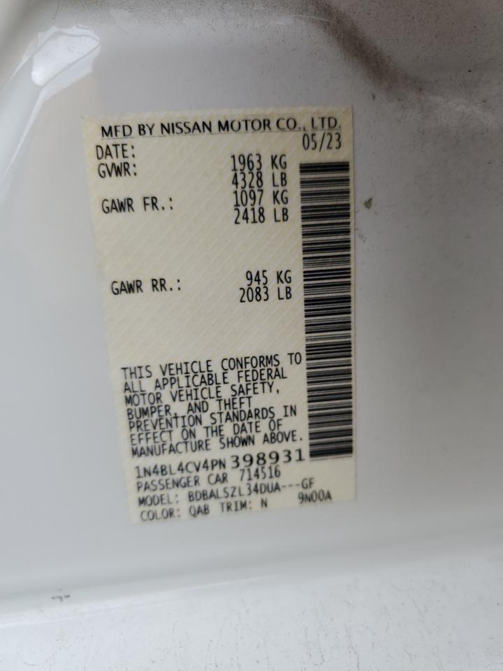 2023 NISSAN ALTIMA SR VIN:1N4BL4CV4PN398931