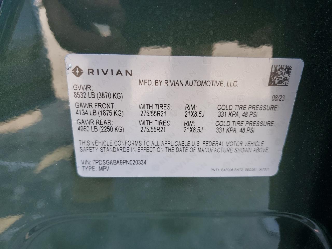 2023 RIVIAN R1S ADVENTURE VIN:7PDSGABA9PN020334