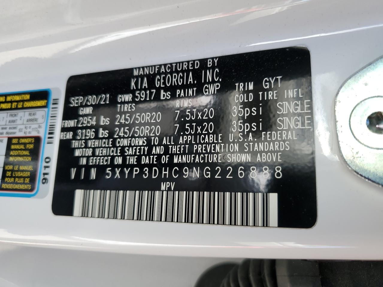 2022 KIA TELLURIDE EX VIN:5XYP3DHC9NG226888