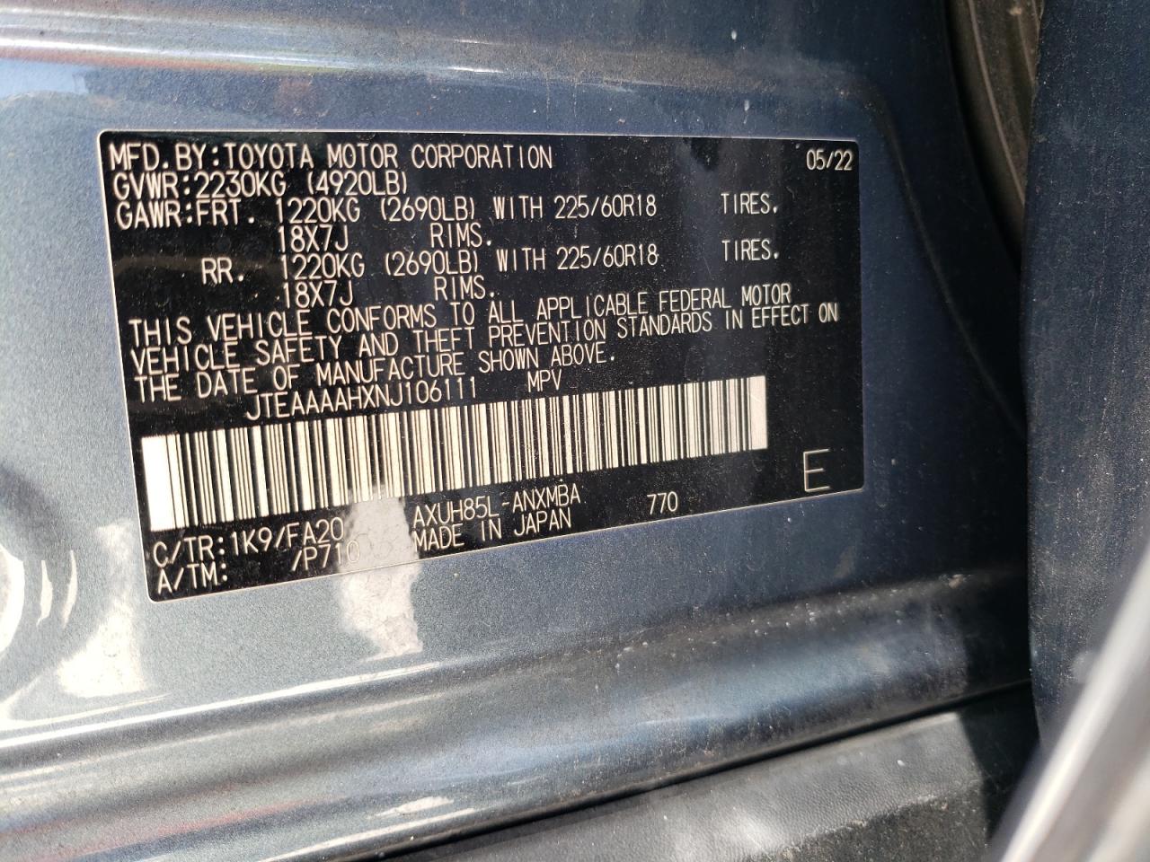 2022 TOYOTA VENZA LE VIN:JTEAAAAHXNJ106111