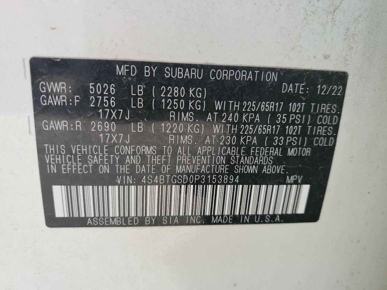 2023 SUBARU OUTBACK WILDERNESS VIN:4S4BTGSD0P3153894