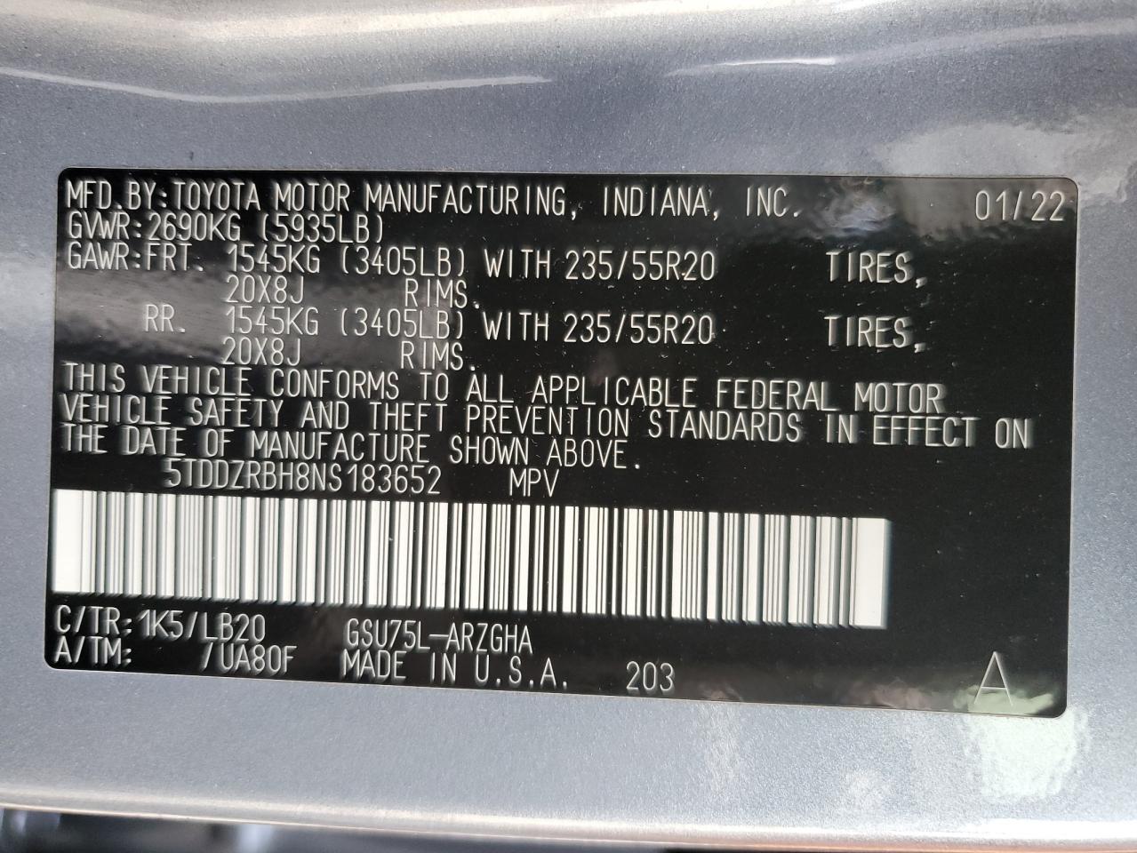 2022 TOYOTA HIGHLANDER LIMITED VIN:5TDDZRBH8NS183652