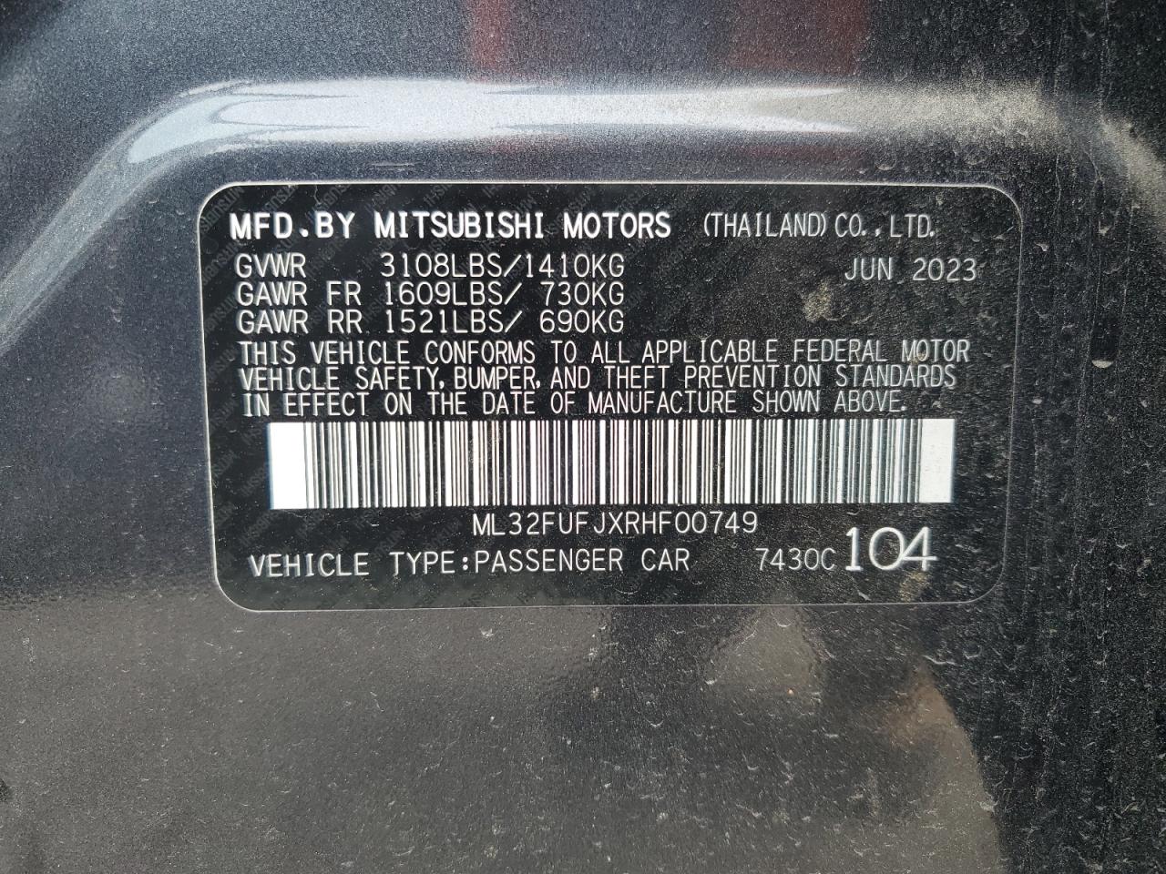 2024 MITSUBISHI MIRAGE G4 ES VIN:ML32FUFJXRHF00749