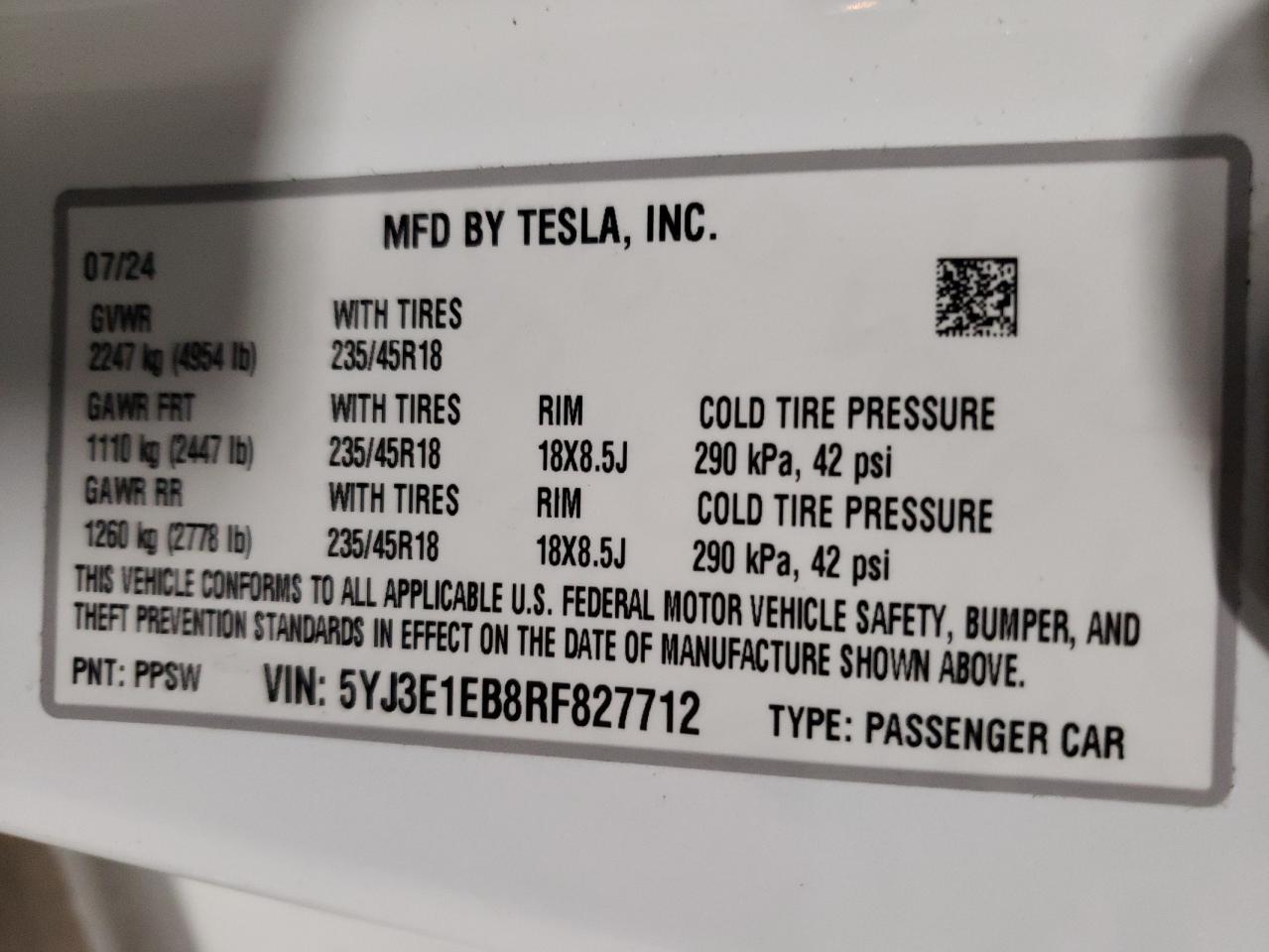 2024 TESLA MODEL 3  VIN:5YJ3E1EB8RF827712