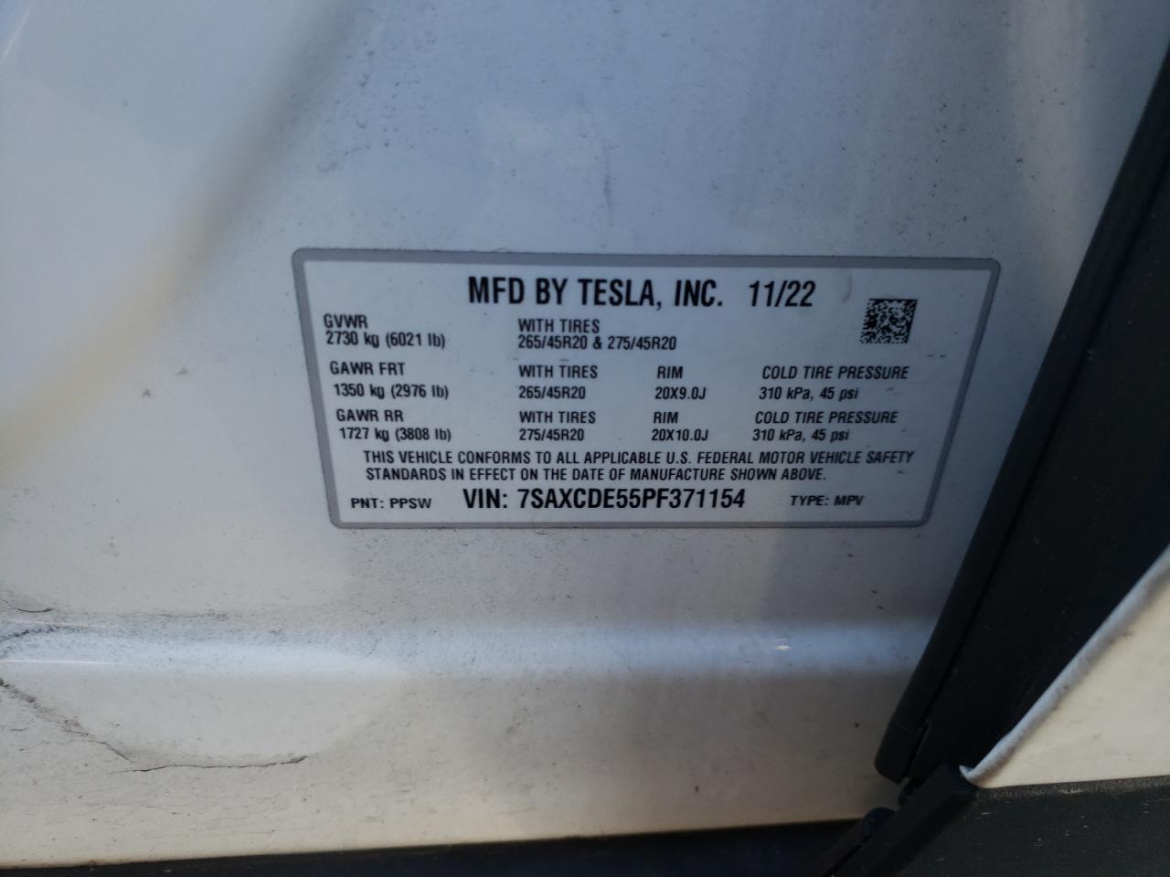 2023 TESLA MODEL X  VIN:7SAXCDE55PF371154
