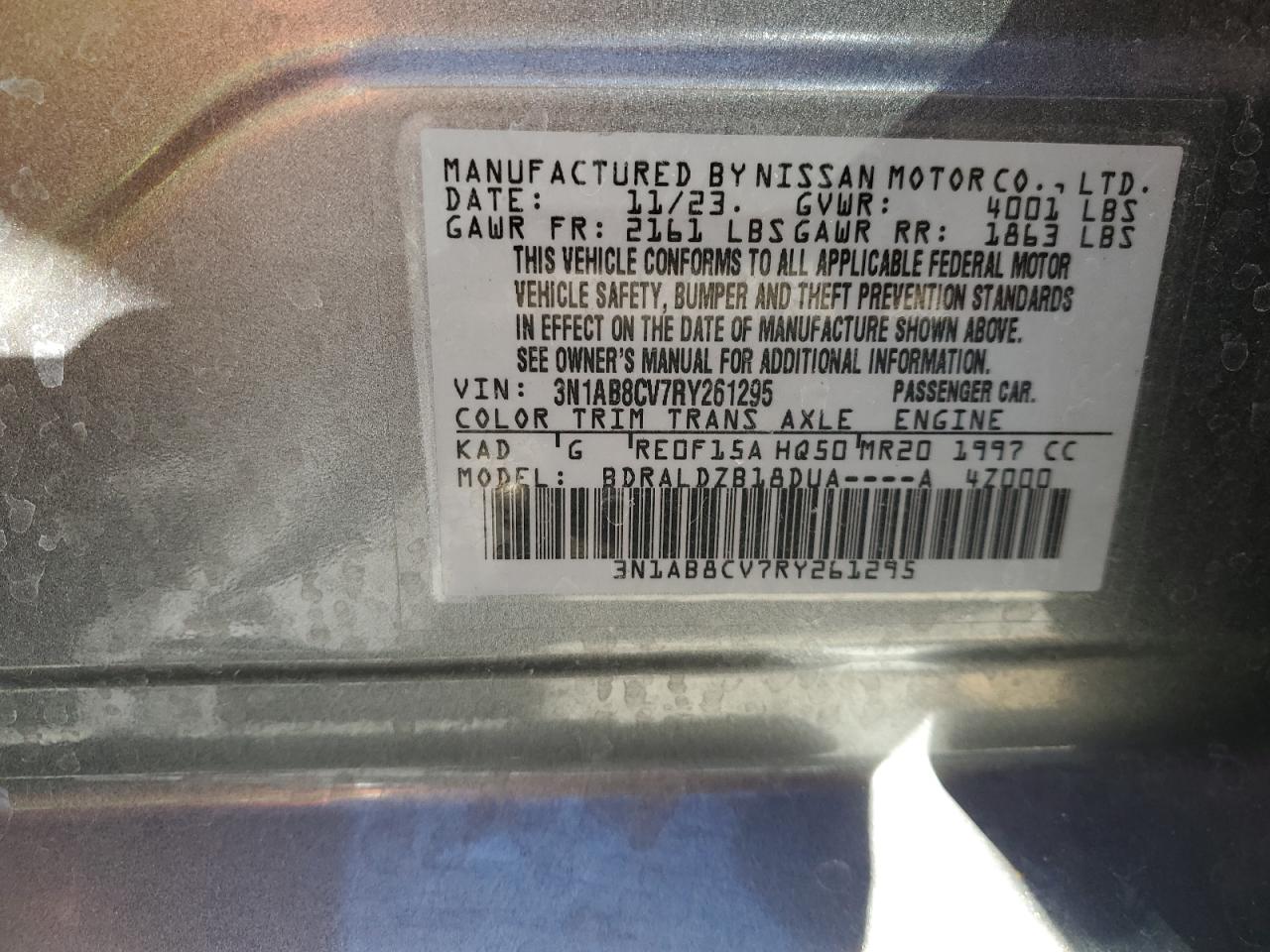 2024 NISSAN SENTRA SV VIN:3N1AB8CV7RY261295