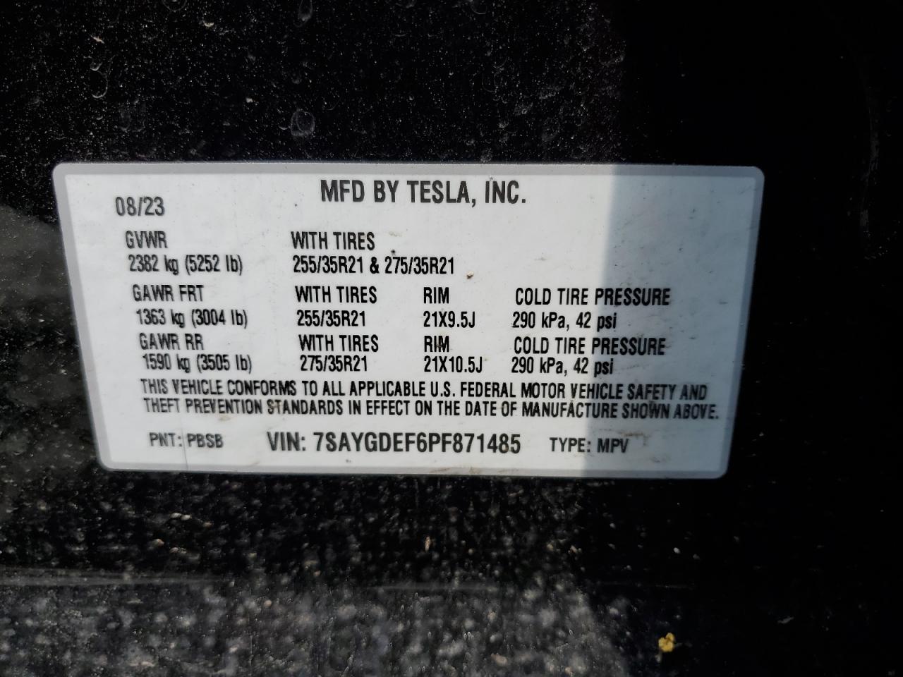 2023 TESLA MODEL Y  VIN:7SAYGDEF6PF871485