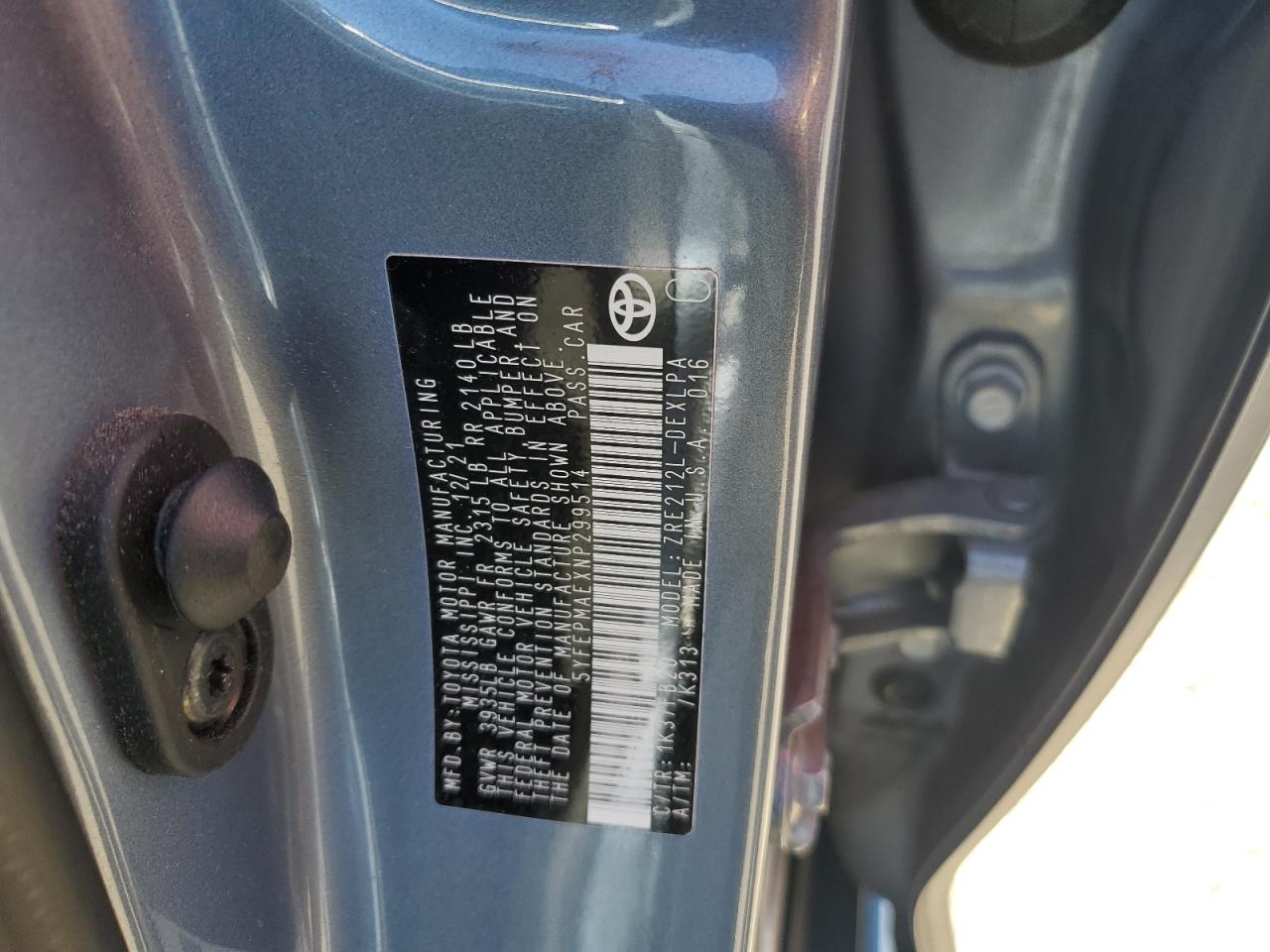 2022 TOYOTA COROLLA LE VIN:5YFEPMAEXNP299514