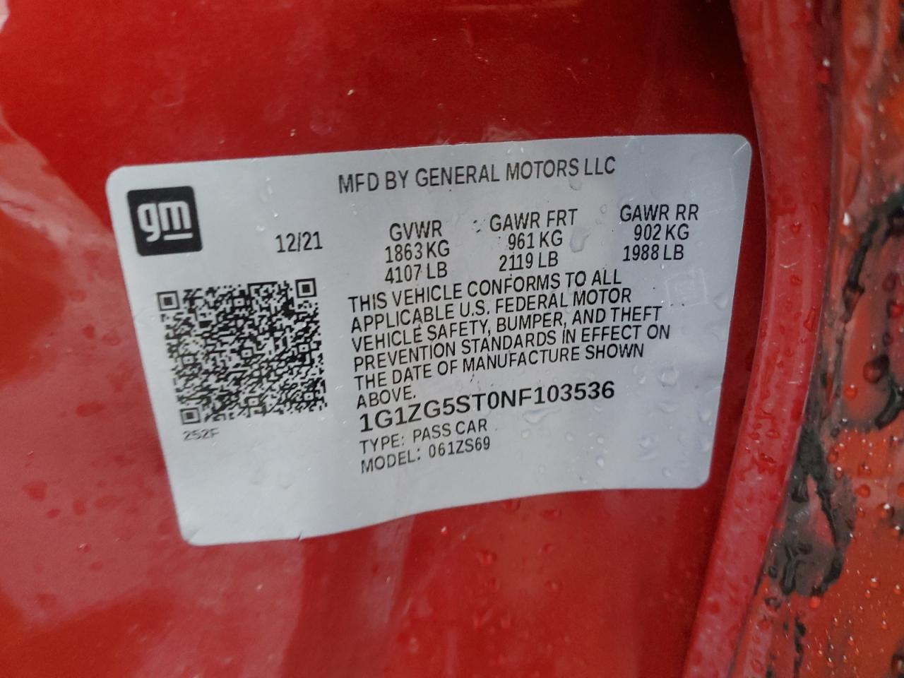 2022 CHEVROLET MALIBU RS VIN:1G1ZG5ST0NF103536