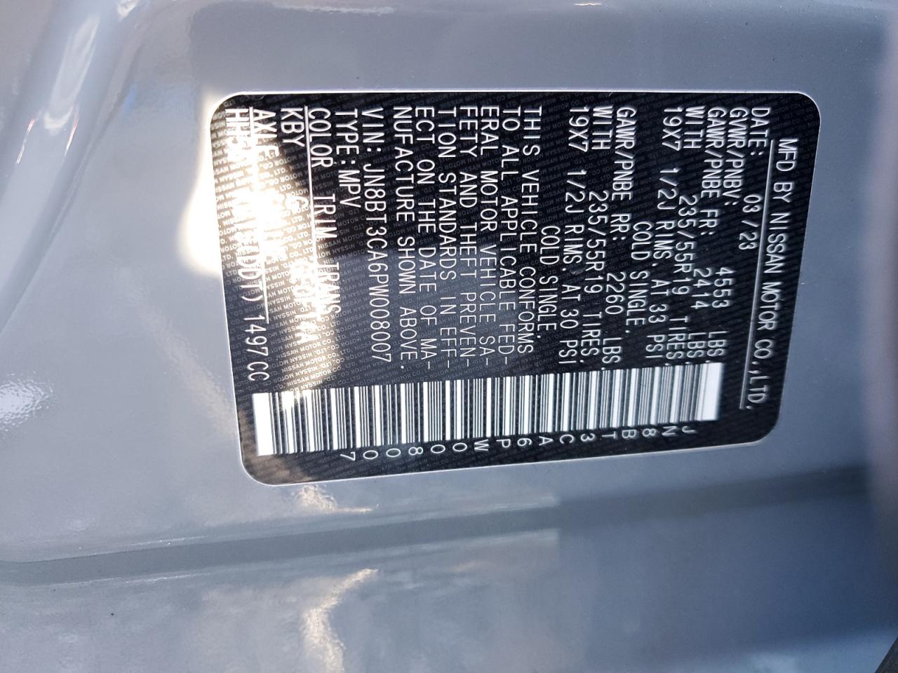 2023 NISSAN ROGUE SL VIN:JN8BT3CA6PW008007