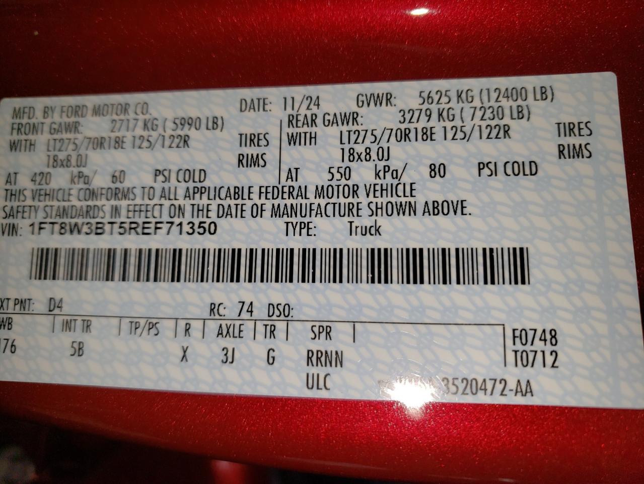 2024 FORD F350 SUPER DUTY VIN:1FT8W3BT5REF71350