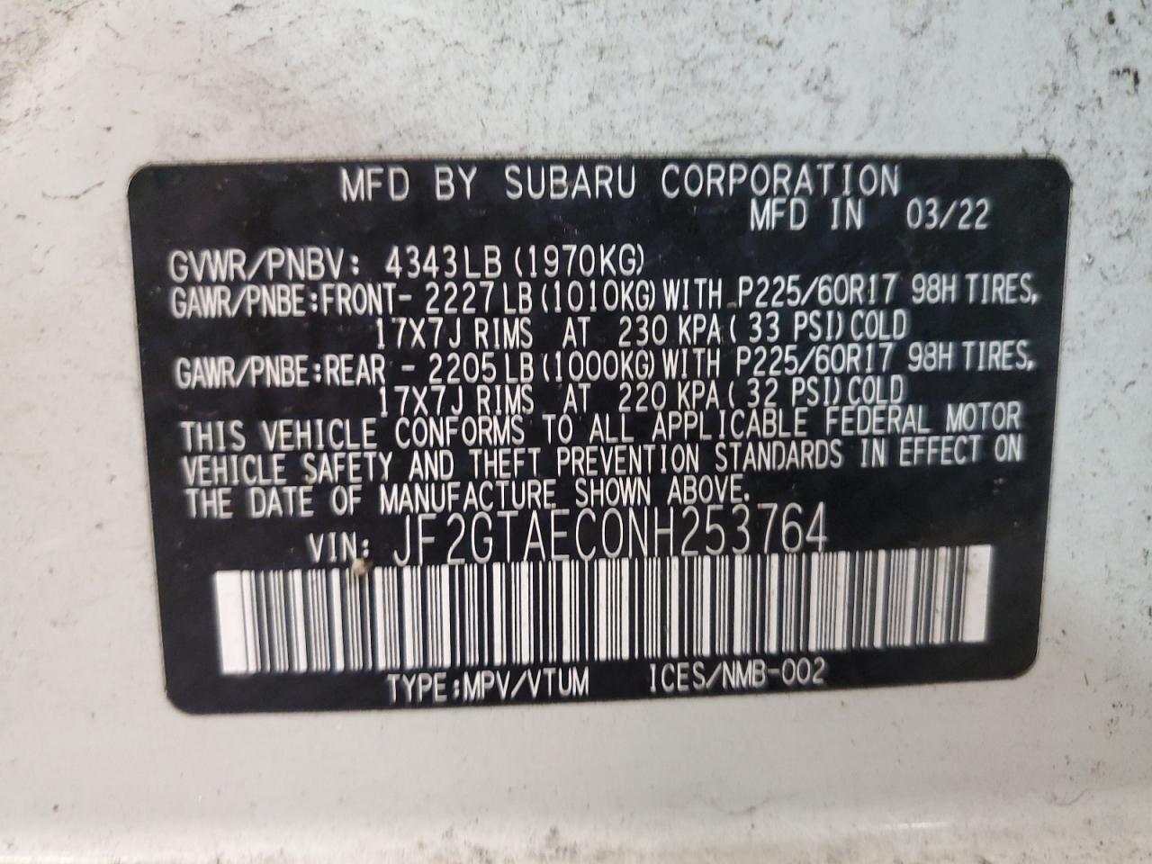 2022 SUBARU CROSSTREK PREMIUM VIN:JF2GTAEC0NH253764