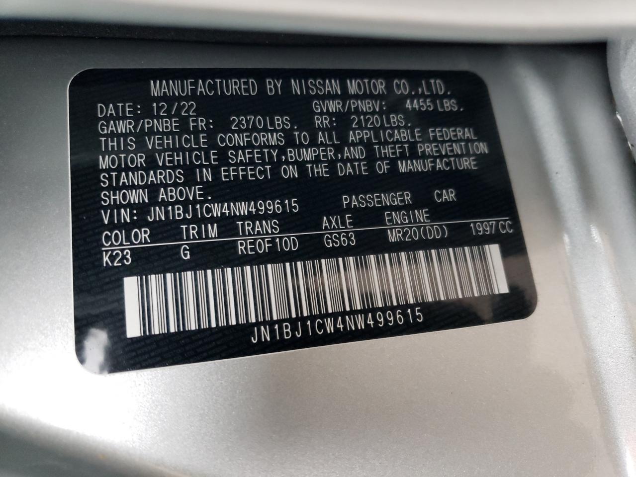 2022 NISSAN ROGUE SPORT SL VIN:JN1BJ1CW4NW499615