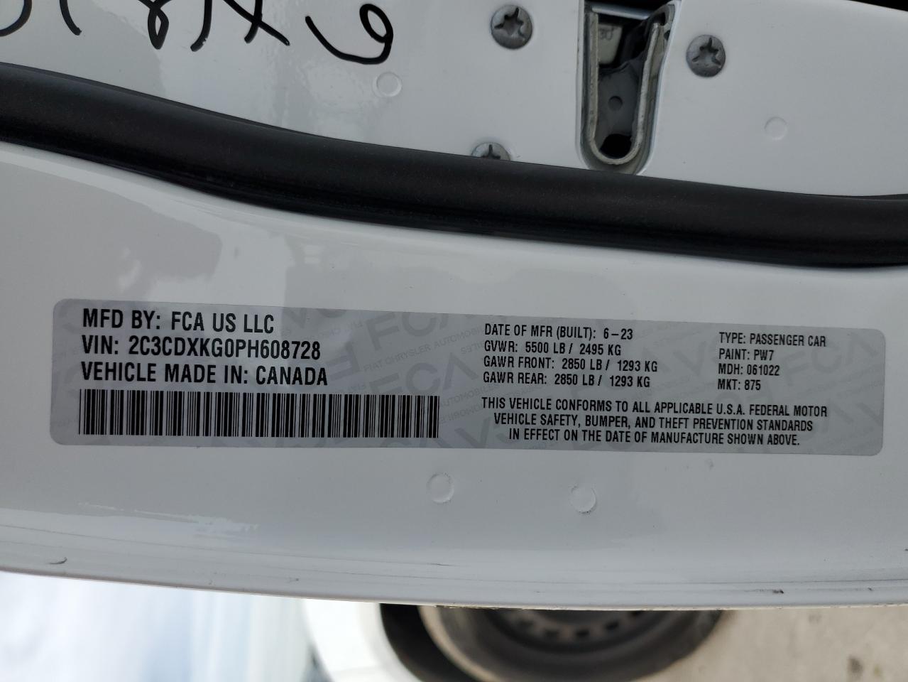 2023 DODGE CHARGER POLICE VIN:2C3CDXKG0PH608728