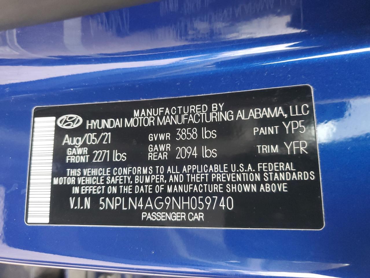 2022 HYUNDAI ELANTRA SEL VIN:5NPLN4AG9NH059740