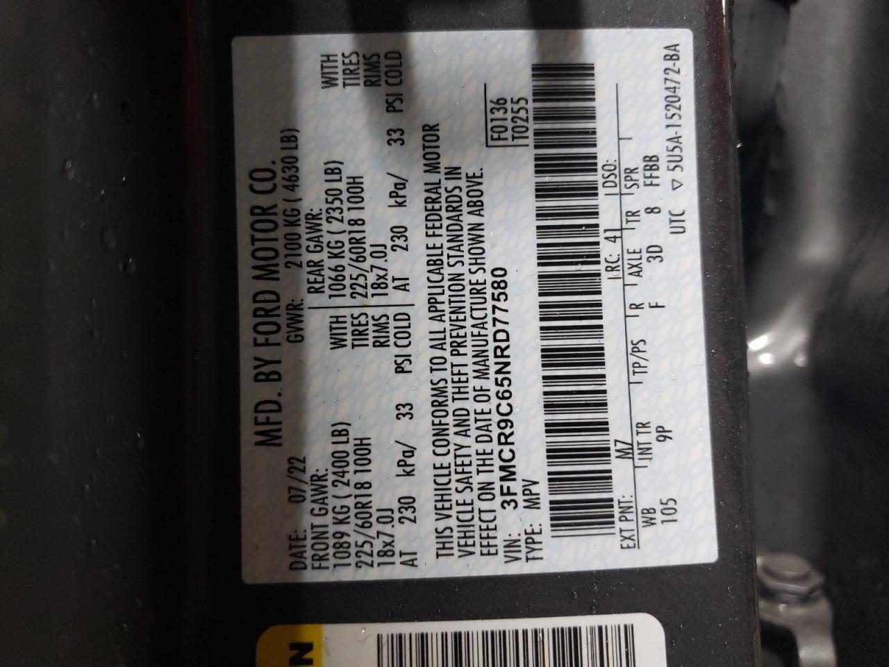 2022 FORD BRONCO SPORT OUTER BANKS VIN:3FMCR9C65NRD77580
