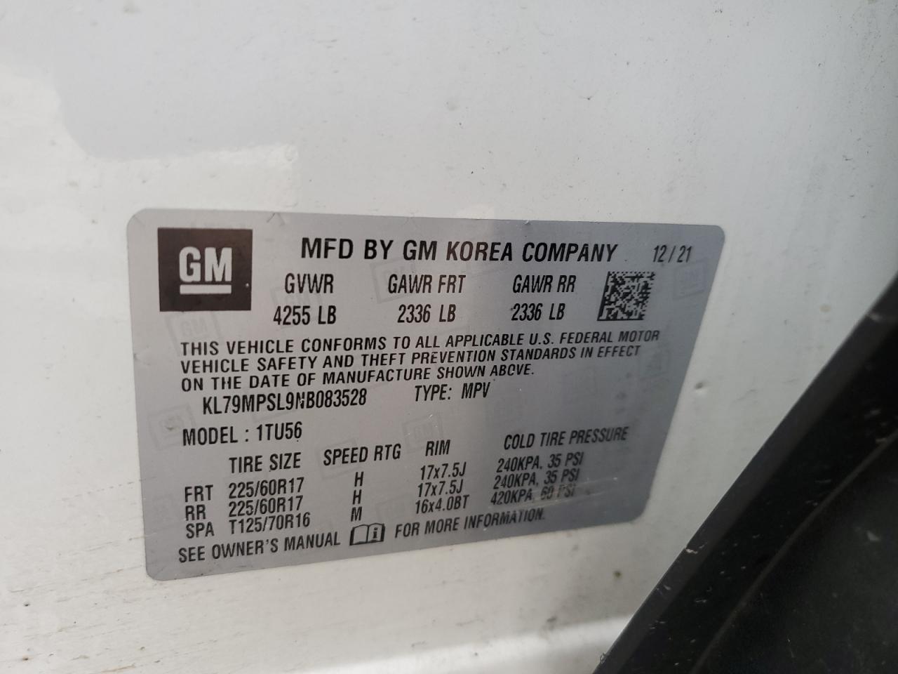 2022 CHEVROLET TRAILBLAZER LT VIN:KL79MPSL9NB083528