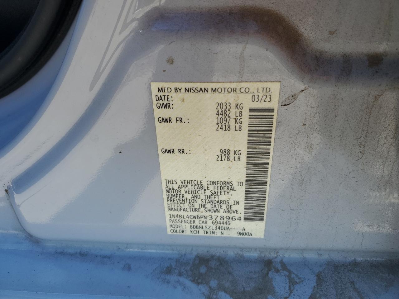 2023 NISSAN ALTIMA SR VIN:1N4BL4CW6PN378964