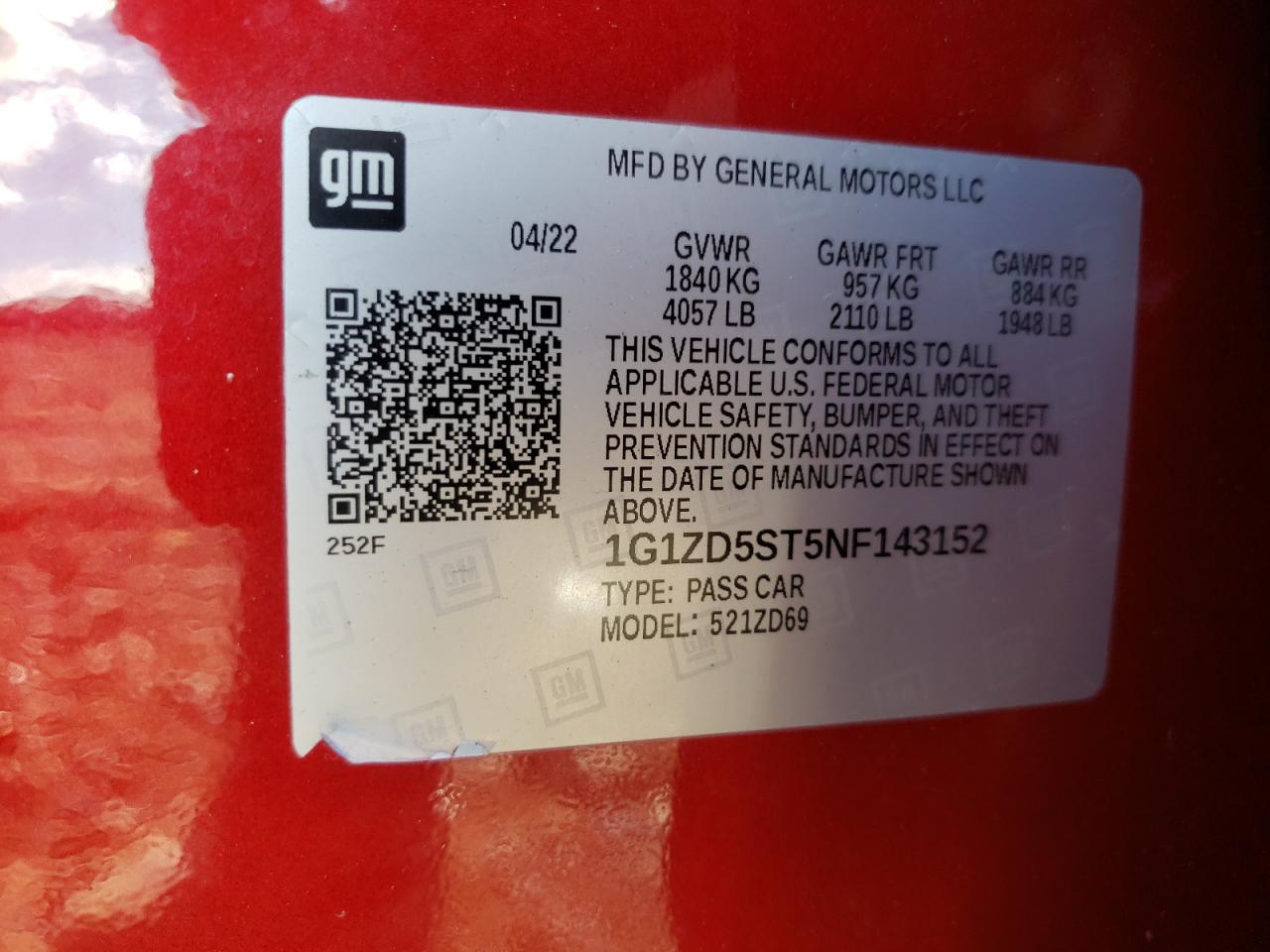 2022 CHEVROLET MALIBU LT VIN:1G1ZD5ST5NF143152