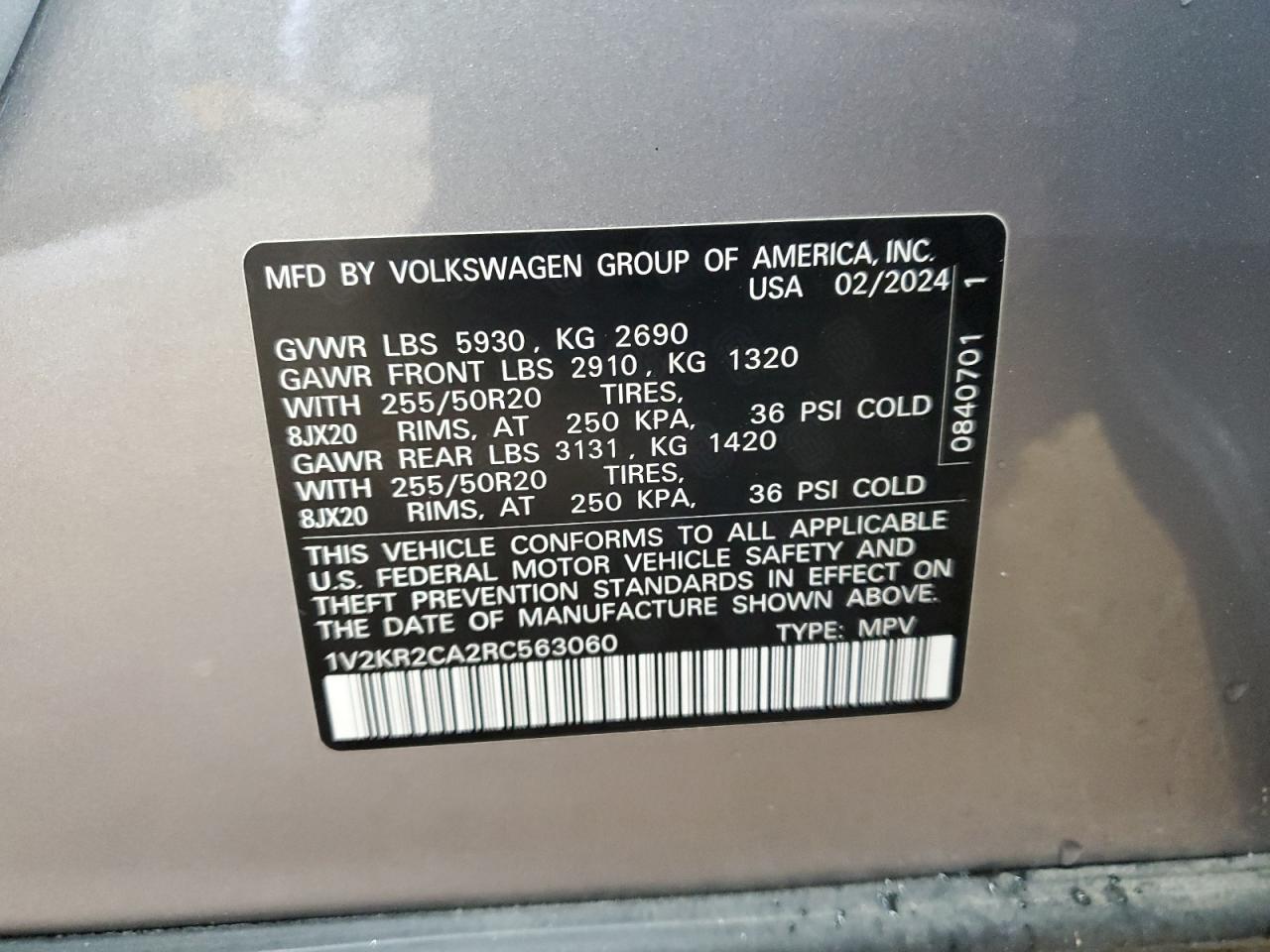 2024 VOLKSWAGEN ATLAS SE VIN:1V2KR2CA2RC563060