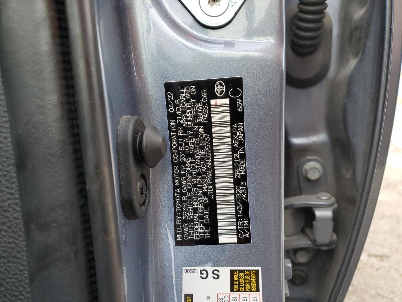 2022 TOYOTA COROLLA LE VIN:JTDEPMAE6NJ225737