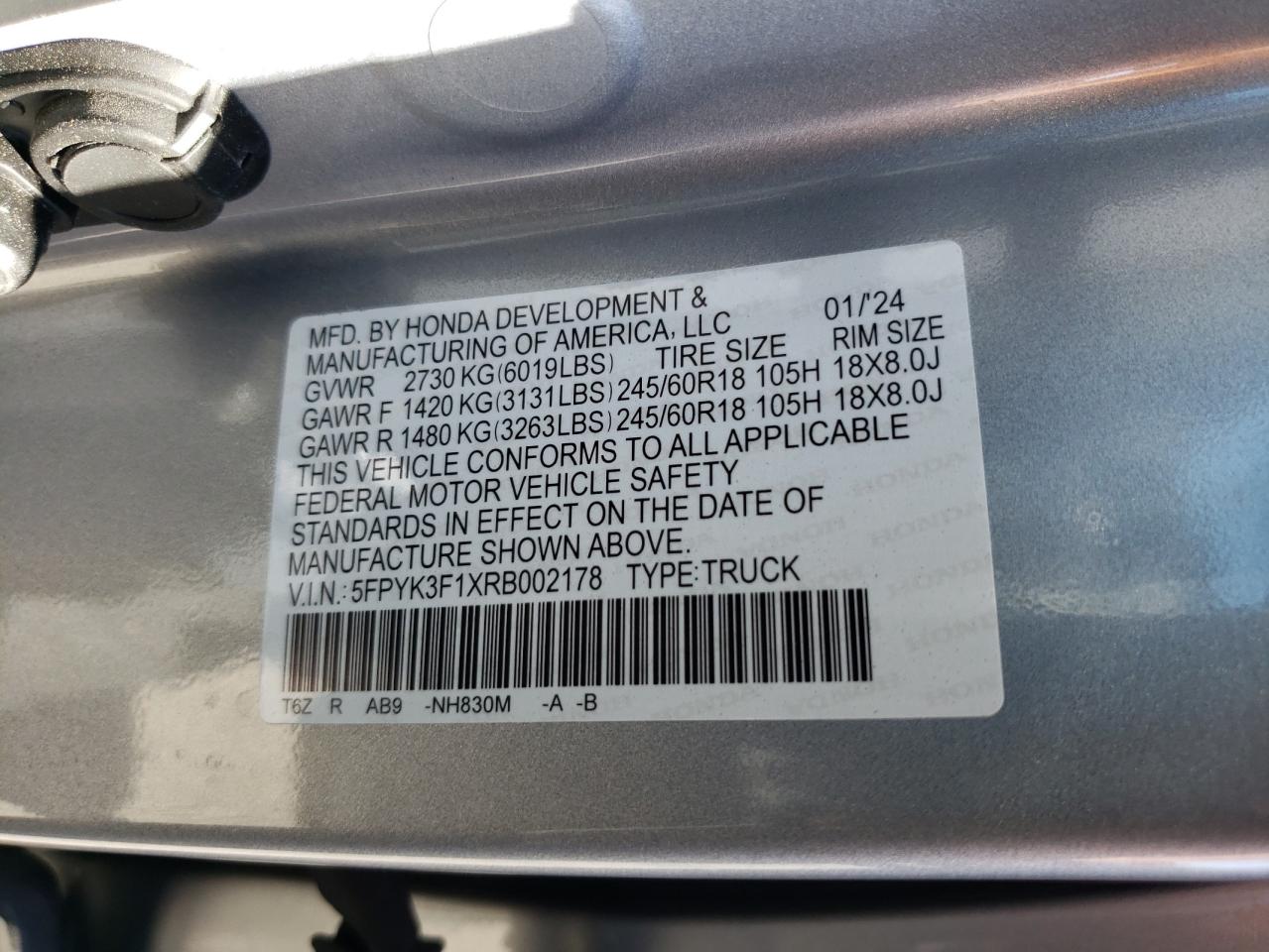 2024 HONDA RIDGELINE SPORT VIN:5FPYK3F1XRB002178