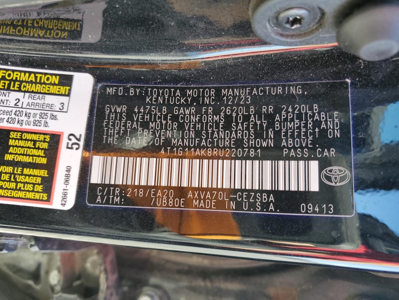 2024 TOYOTA CAMRY SE NIGHT SHADE VIN:4T1G11AK8RU220781