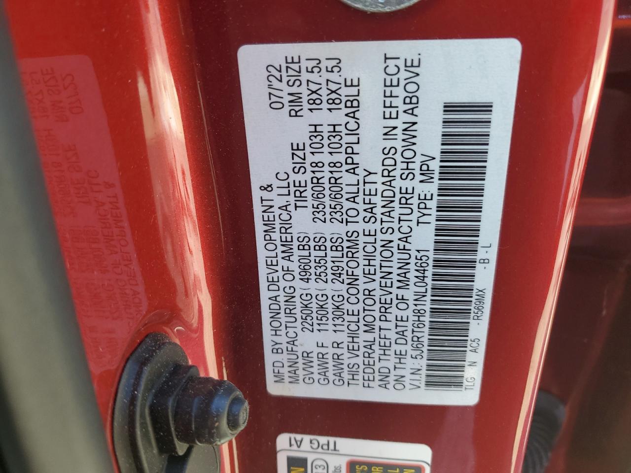2022 HONDA CR-V EXL VIN:5J6RT6H81NL044651