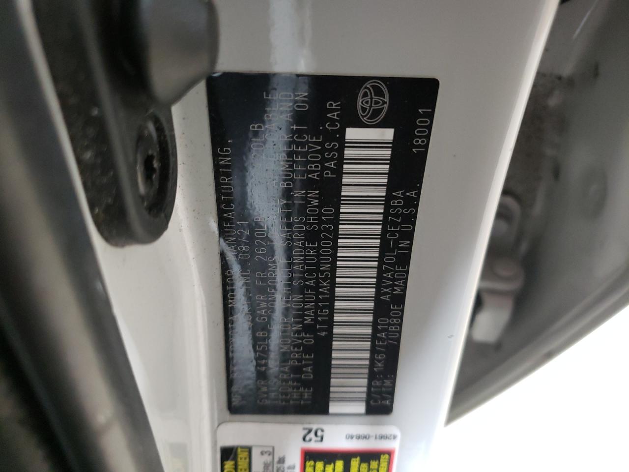 2022 TOYOTA CAMRY SE VIN:4T1G11AK5NU002310