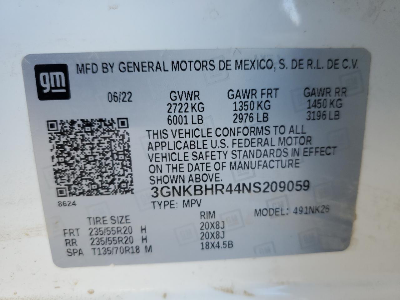 2022 CHEVROLET BLAZER 2LT VIN:3GNKBHR44NS209059