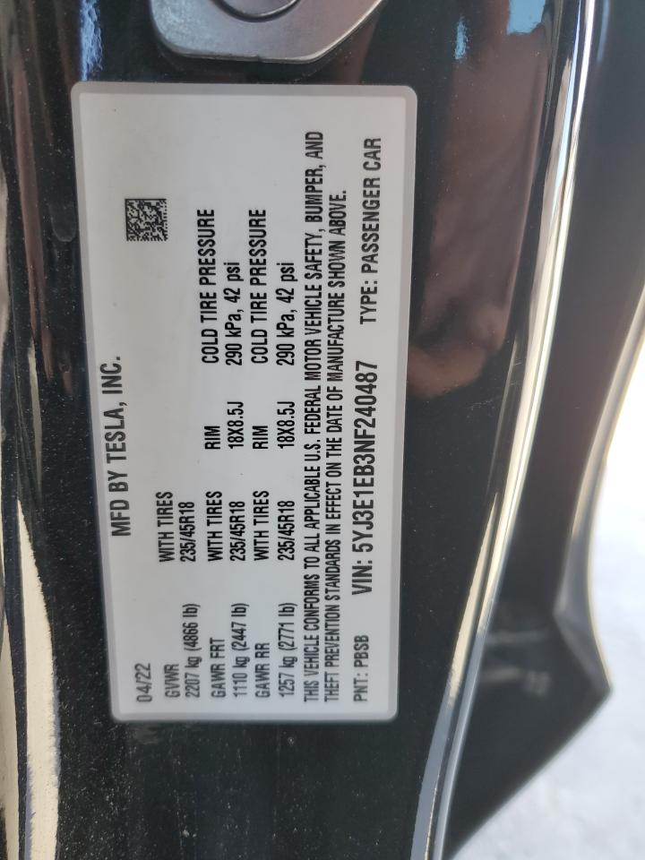 2022 TESLA MODEL 3  VIN:5YJ3E1EB3NF240487