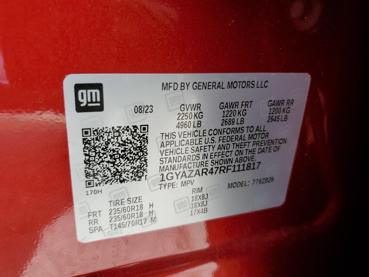 2024 CADILLAC XT4 LUXURY VIN:1GYAZAR47RF111817