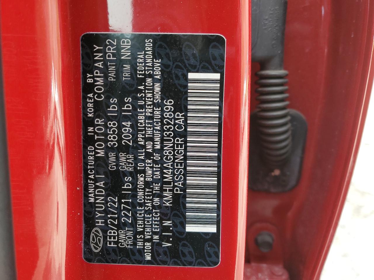 2022 HYUNDAI ELANTRA SEL VIN:KMHLM4AG8NU332896