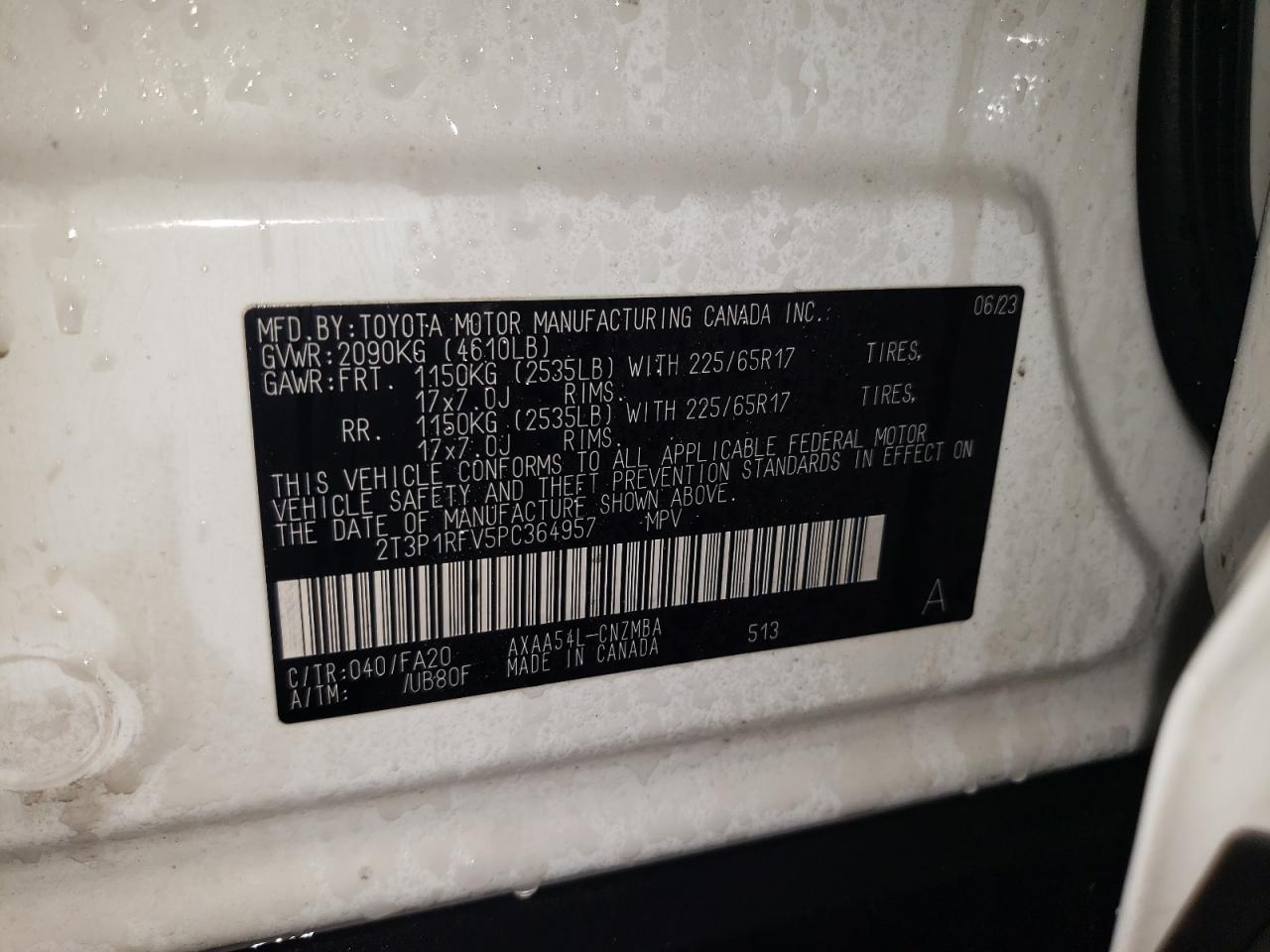 2023 TOYOTA RAV4 XLE VIN:2T3P1RFV5PC364957