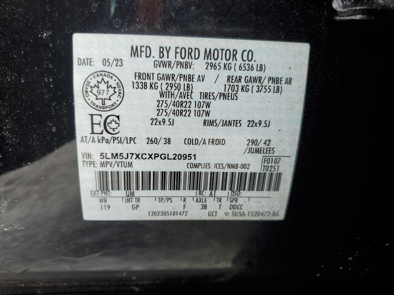 2023 LINCOLN AVIATOR RESERVE VIN:5LM5J7XCXPGL20951