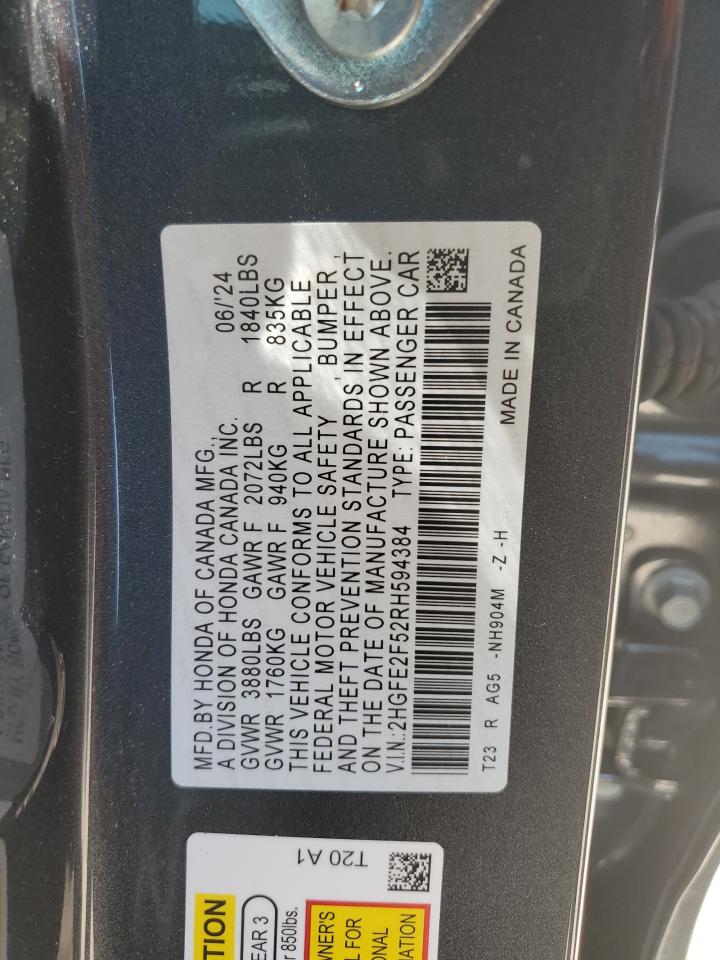 2024 HONDA CIVIC SPORT VIN:2HGFE2F52RH594384