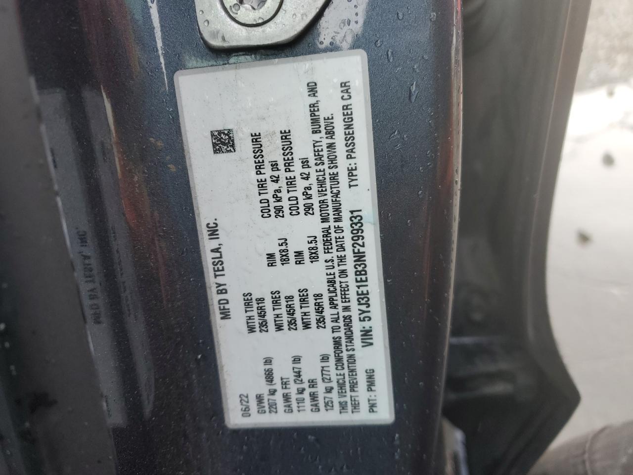2022 TESLA MODEL 3  VIN:5YJ3E1EB3NF299331