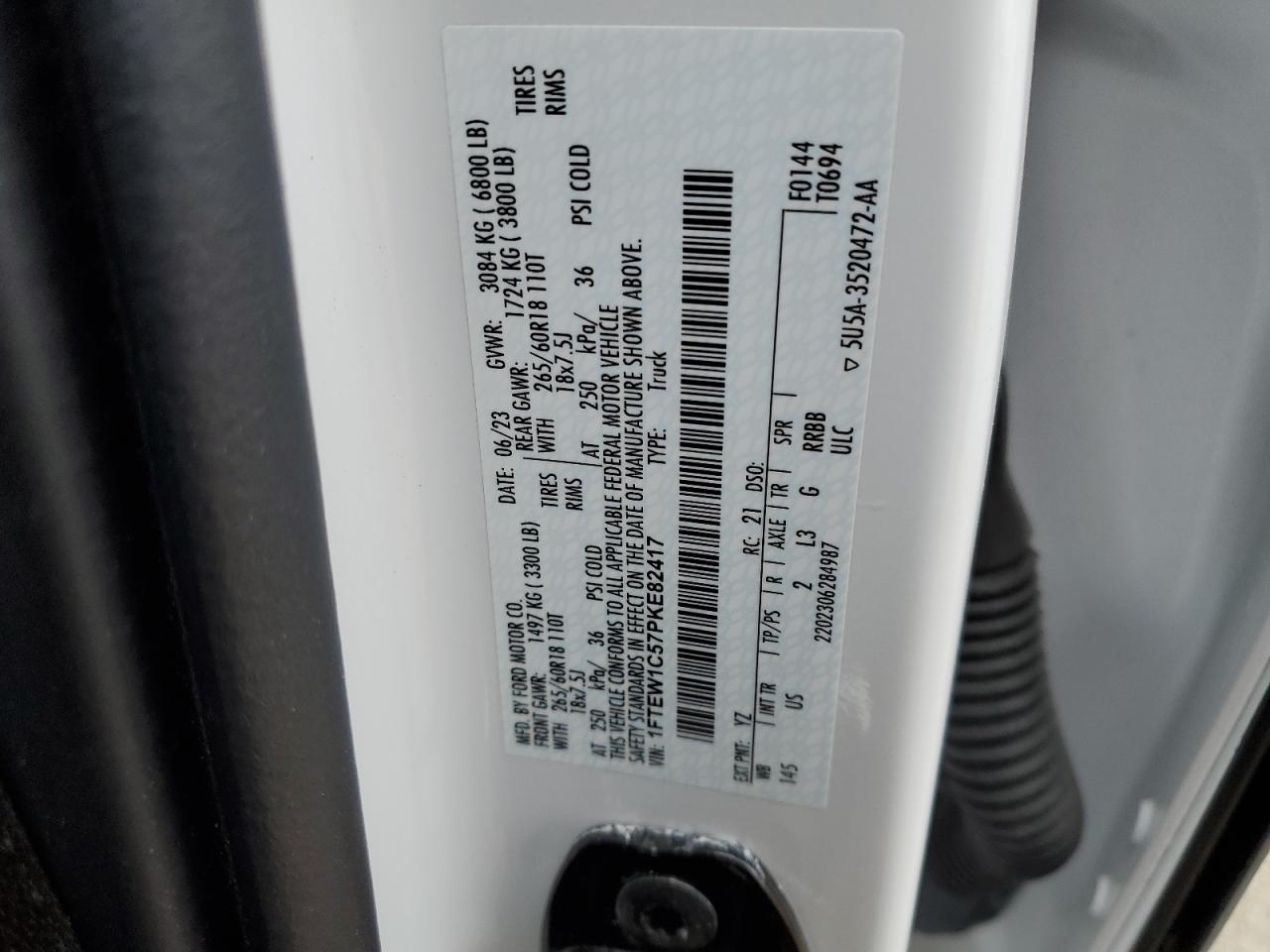 2023 FORD F150 SUPERCREW VIN:1FTEW1C57PKE82417