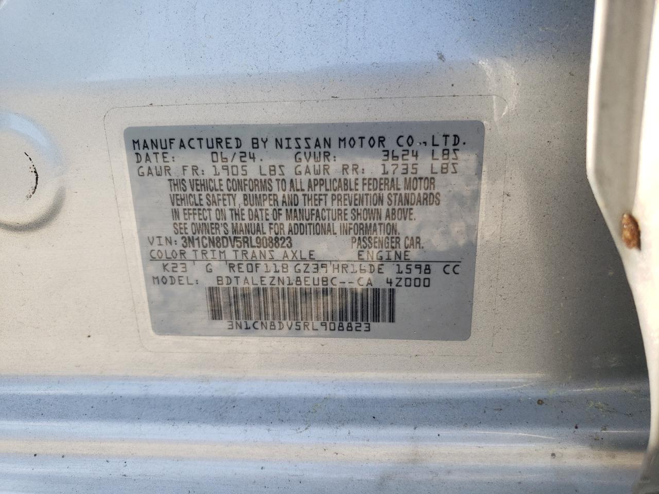 2024 NISSAN VERSA S VIN:3N1CN8DV5RL908823