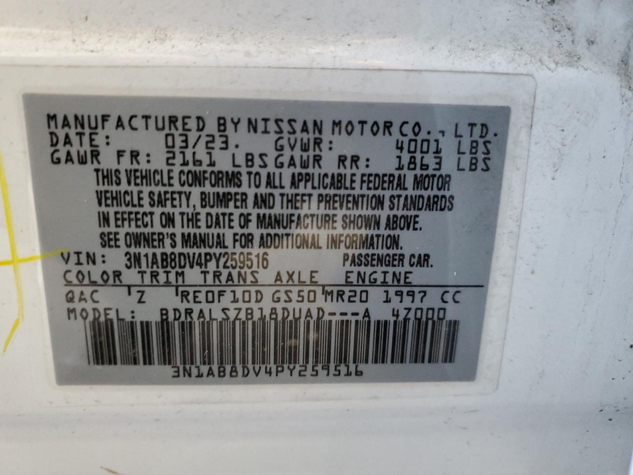 2023 NISSAN SENTRA SR VIN:3N1AB8DV4PY259516