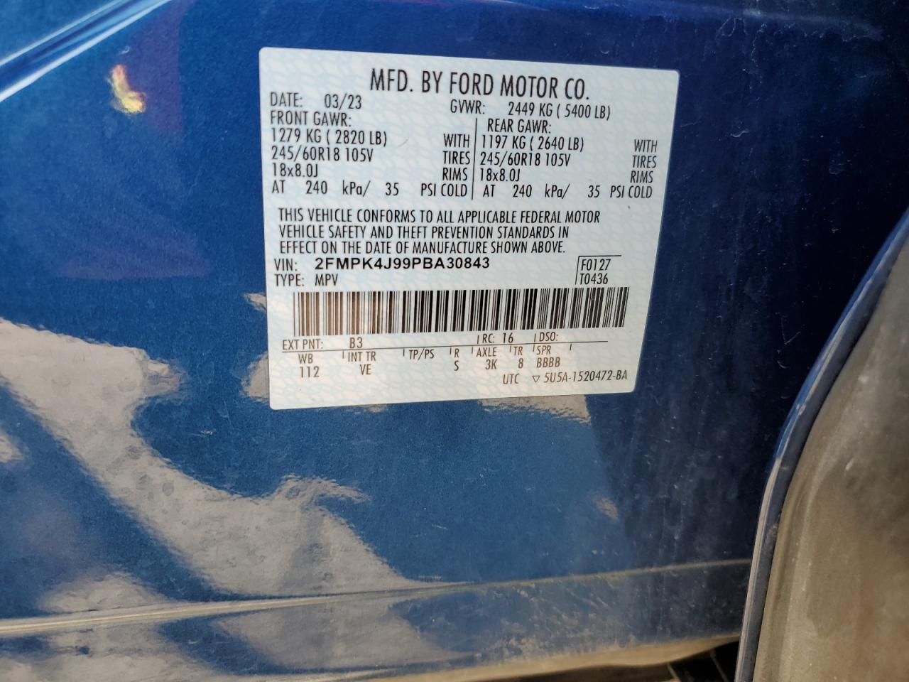 2023 FORD EDGE SEL VIN:2FMPK4J99PBA30843