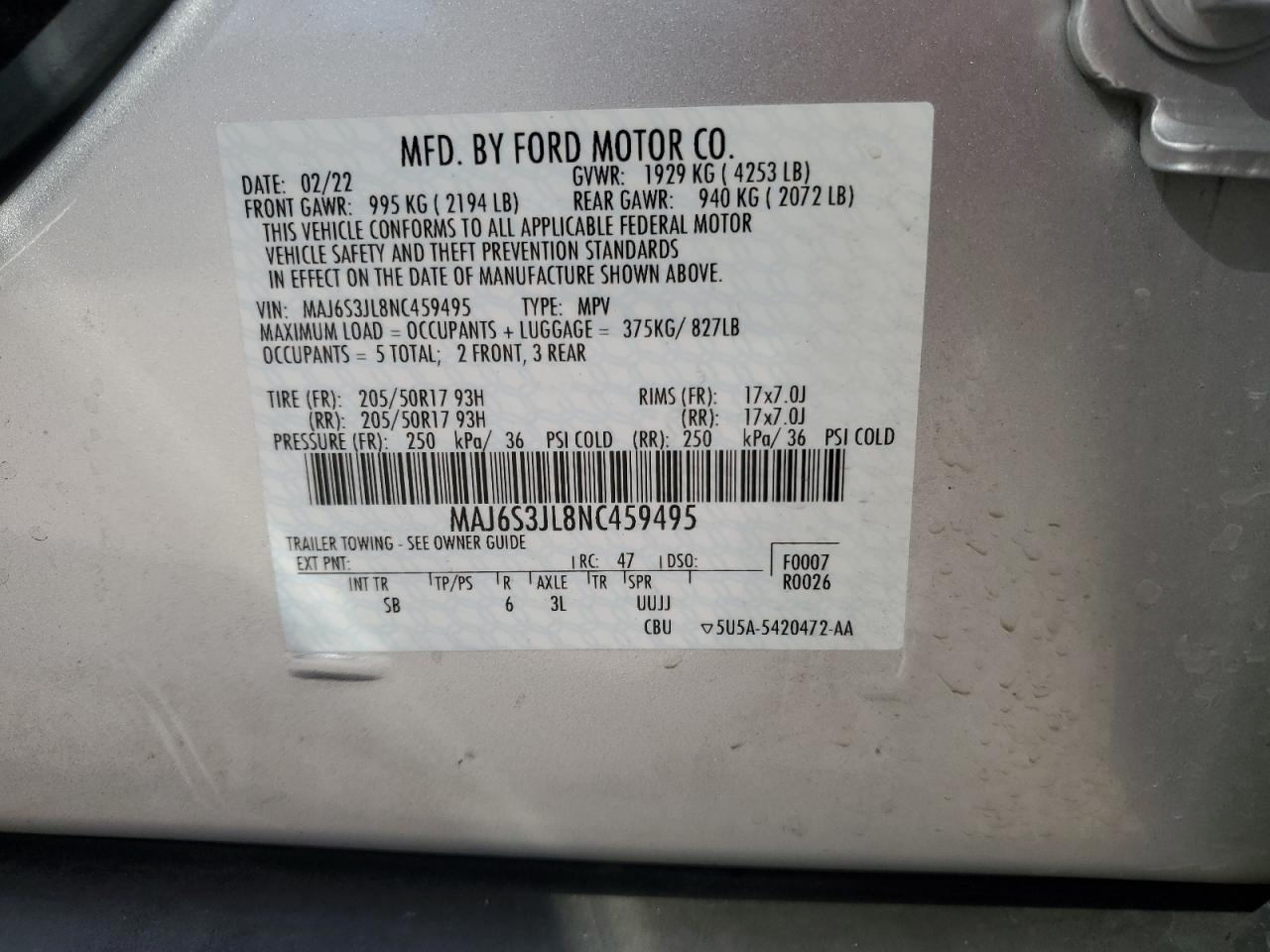 2022 FORD ECOSPORT SES VIN:MAJ6S3JL8NC459495