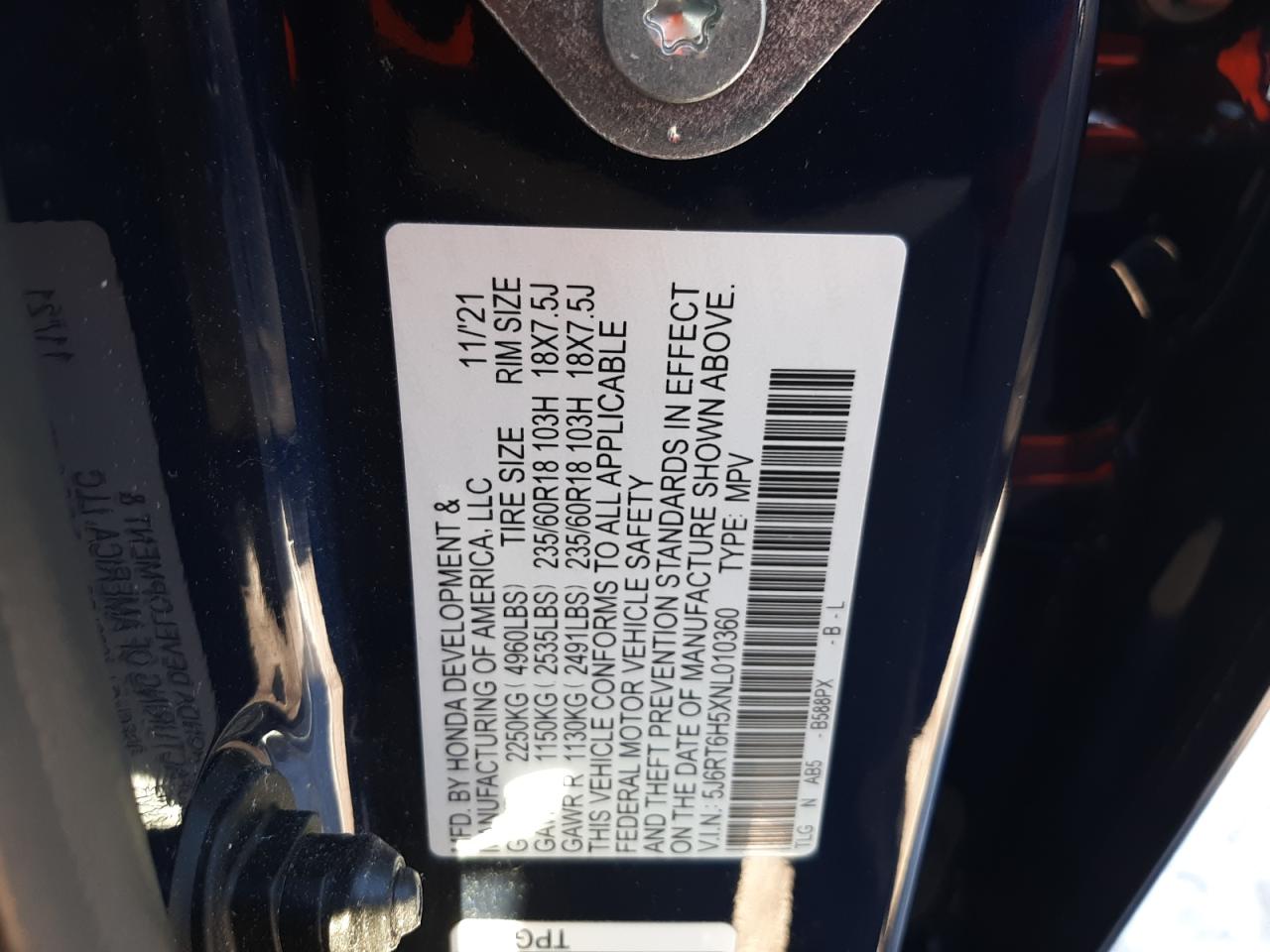 2022 HONDA CR-V EX VIN:5J6RT6H5XNL010360
