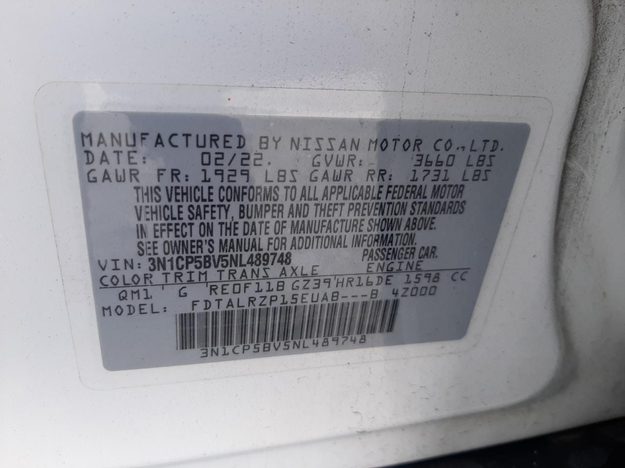 2022 NISSAN KICKS S VIN:3N1CP5BV5NL489748