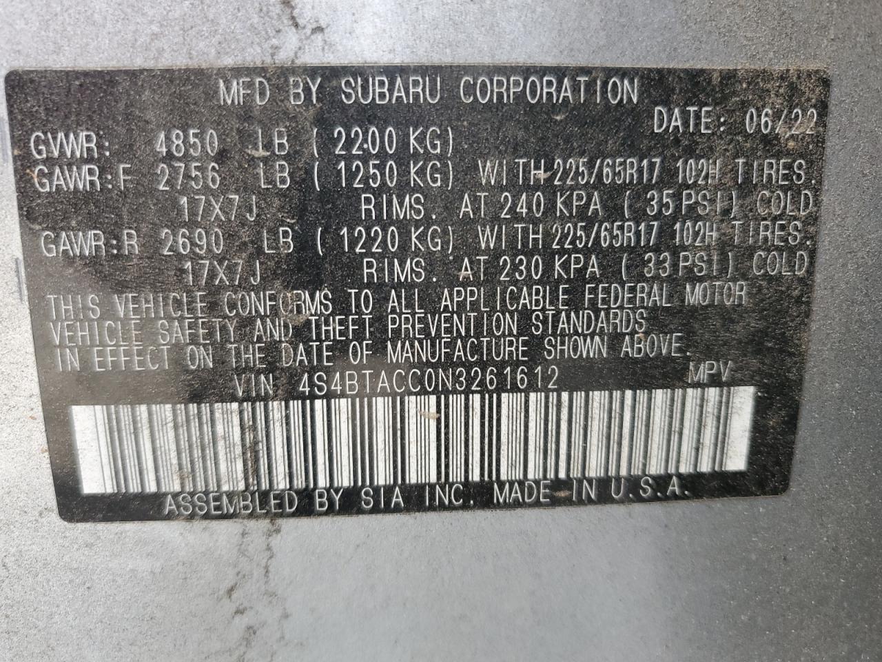 2022 SUBARU OUTBACK PREMIUM VIN:4S4BTACC0N3261612