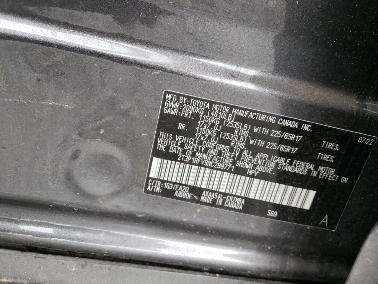 2022 TOYOTA RAV4 XLE VIN:2T3P1RFV9NC299771