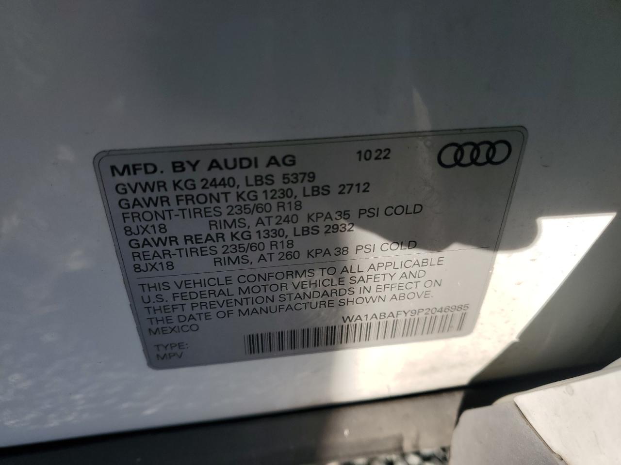 2023 AUDI Q5 PREMIUM 40 VIN:WA1ABAFY9P2046985