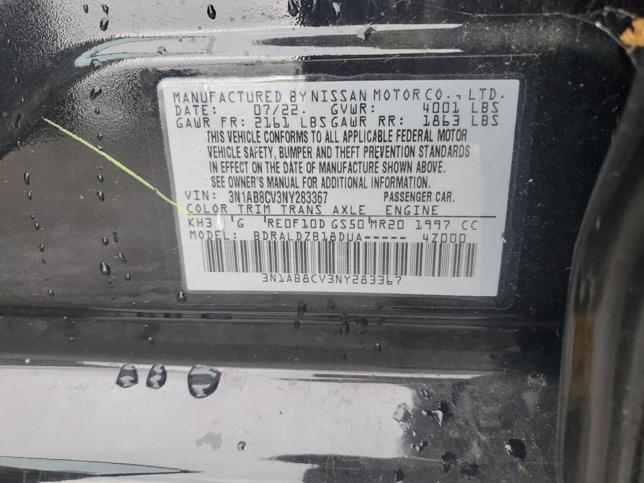 2022 NISSAN SENTRA SV VIN:3N1AB8CV3NY283367