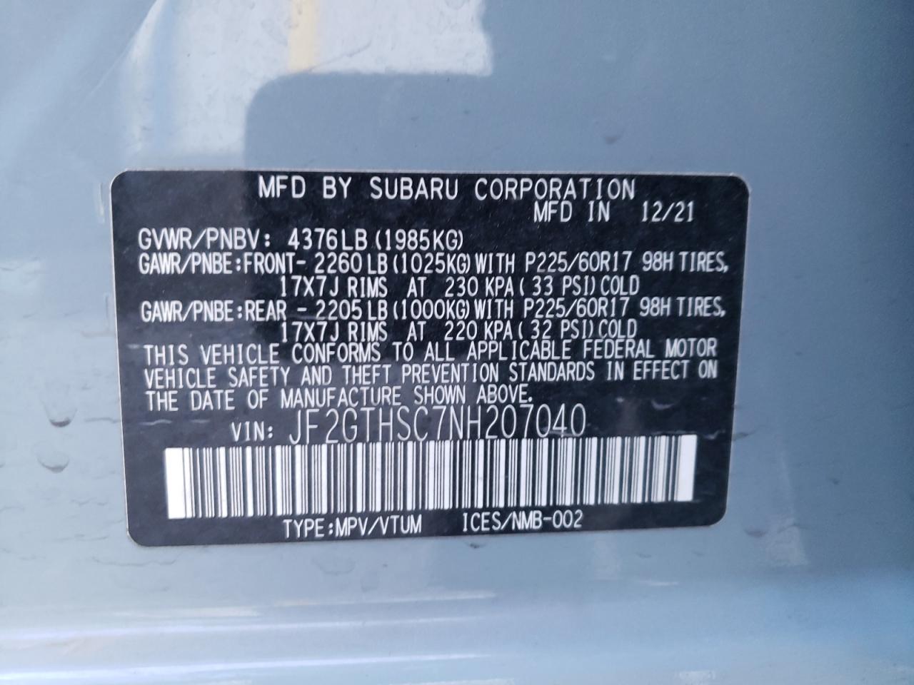 2022 SUBARU CROSSTREK SPORT VIN:JF2GTHSC7NH207040