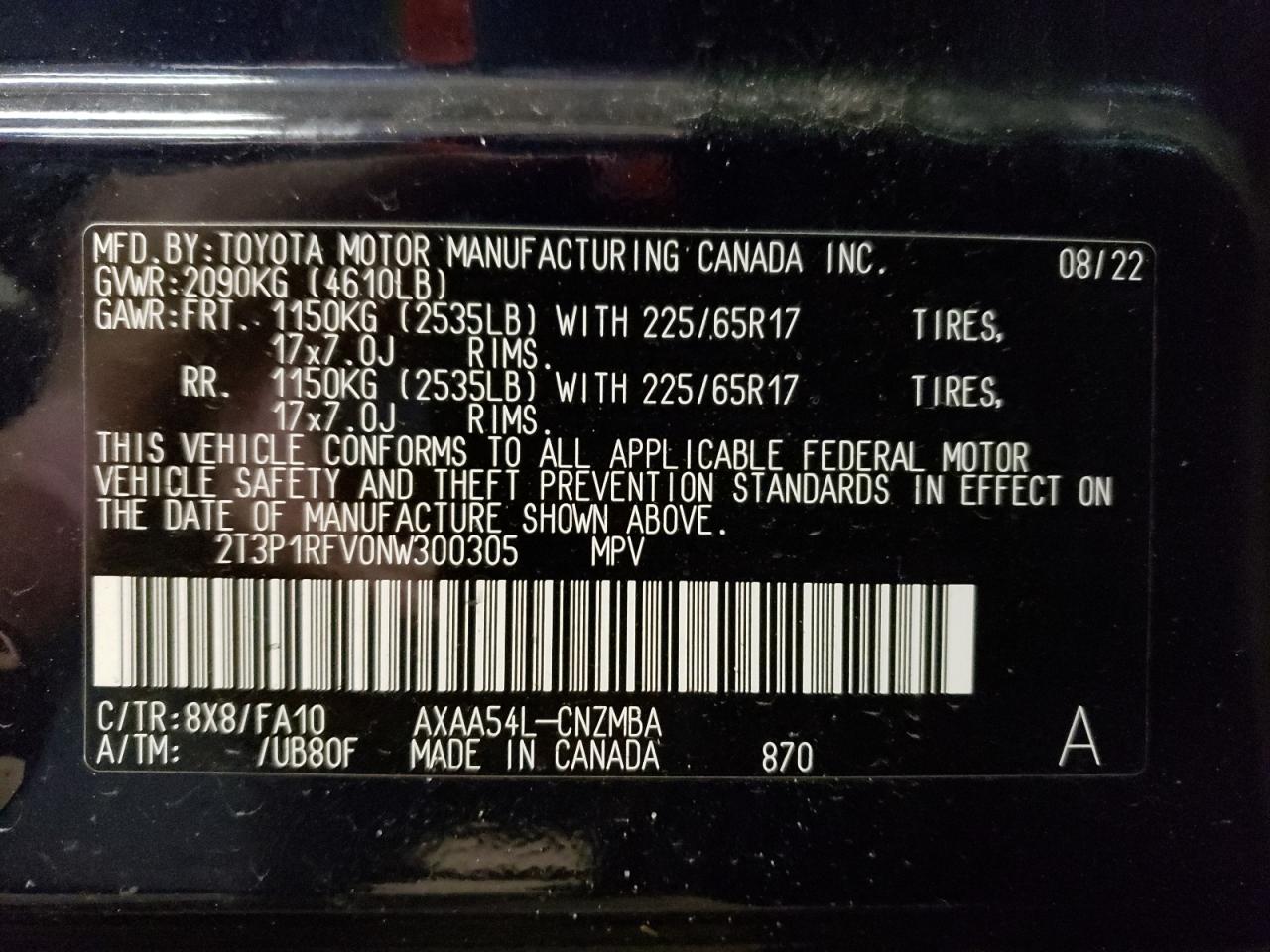 2022 TOYOTA RAV4 XLE VIN:2T3P1RFV0NW300305